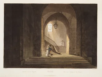 A kápolnához vezető lépcső, illusztráció Versailles-ból, Párizsból és Saint Denis-ből, kocsma. 1806 (akvatinta)