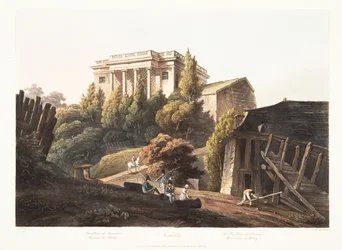 Versailles, Lucienne pavilonja, Marly vízműve, illusztráció Versailles-ból, Párizs és Saint Denis, kocsma. 1806 (akvatinta)