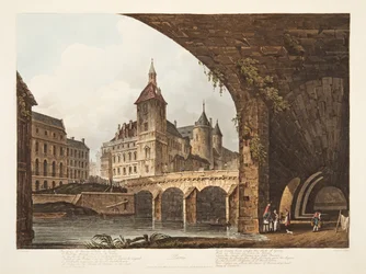 Kilátás a Pont-au-Change-ra, a Tour de lHorloge-ra és a Conciergerie-re, illusztráció Versailles-ból, Párizsból és Saint Denis-ből, pub. 1807 (akvatinta)
