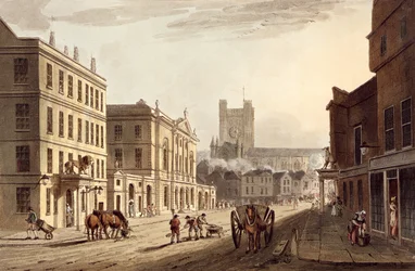 Kilátás a városházára, a piacra és az apátsági templomra, a „Bath Illustrated by a Series of Views”-ből, John Hill (1770-1850) pub metszetében. William Miller, 1804 (akvatinta)