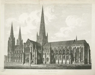 Lichfield katedrális – Délkeleti nézet: metszet, nd [c 1823] (nyomtatás)