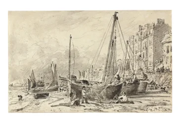 Partra húzott halászhajók hálókat javító halászokkal a brightoni tengerparton, nyugatra néz, 1824-28 körül