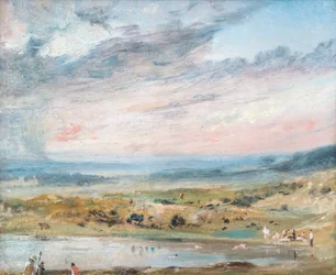 Hampstead-fenyő, tóval és fürdőzőkkel