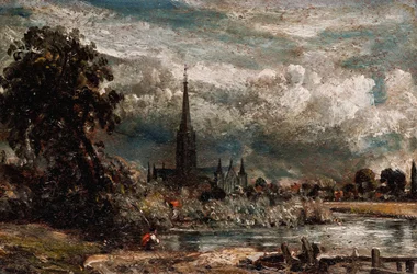 Salisbury katedrálisa a Long Bridge-től, a Fisherton Mill közelében