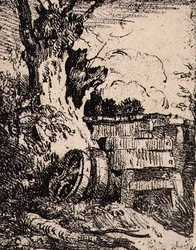 Kocsikerekek egy fa, kocsma közelében. J. & W. Freeman