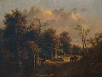 Az erdő széle mezőgazdasági szekérrel és szarvasmarhával, c1811
