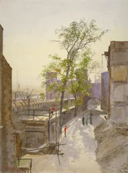 Kilátás az üzlethelyiségekre a Cradle Towerből, Tower of London, Stepney, London, 1883