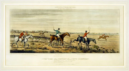 A sürgés-forgás tünetei, Leicestershire, Henry Alken (1785-1851) metszet, 1825 (színes metszet)
