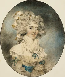Mrs. Fisher portréja, félhosszú, kék szalagokkal díszített fehér ruhában, 1788