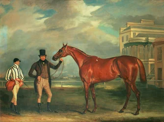 Chasse tábornok, egy gesztenye versenyló, akit kiképzője tart, zsokéjával, J. Holmesszal az Aintree versenypályán, 1835