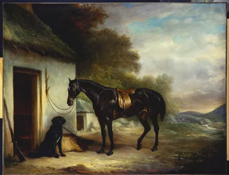 Mr. Stuart kedvenc vadásza, Vagabond és laposszőrű retrievere, Nell, egy házajtó mellett, 1867
