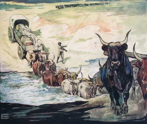 Átkelés a folyón, Gladys Davidson 1919-ben megjelent „Segítők keze nélkül” című illusztrációja (színes litó)