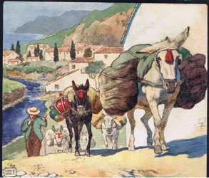 Öszvérek egy spanyol bérleten, Gladys Davidson 1919-ben megjelent „Segítők keze nélkül” illusztrációja (színes litó)