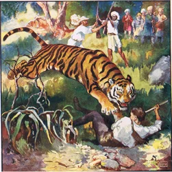 A következő pillanatban láttam, ahogy hanyatt esik a tigris alatt (színes litho)
