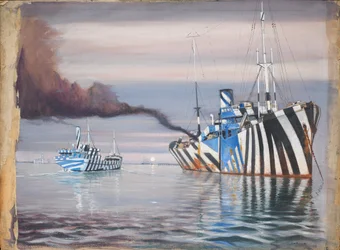 Az S.S. Lepanto és egy másik gőzhajó, mindkettő vakító festéssel, horgonyozva a nyugodt vízben.