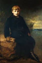 Cecil Webb portréja, teljes alakban ülve, prémgalléros fekete kabátban, 1887