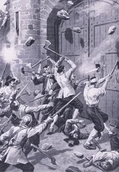 Dundee kifosztása 1651. szeptember 1.: Angol tengerészek megtámadják a Wellgate kikötőt, illusztráció a „British Battles on Land and Sea” című filmből.