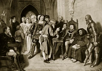 IV. Jakab tanácskozása a floddeni csata előtt, 1513, illusztráció a „Hutchinson