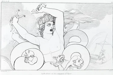 Kharybdisz és Szkülla epizódja: Odüsszeusz hat társát felfalják. John Flaxman (1755-1826) rajza. Homérosz Odüsszeiája. XII. ének.