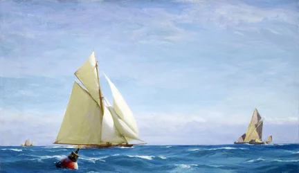 Egy nagy vitorlás és egy uszály a Temzén, egy kikötő partjainál. Olaj, vászon, 1910 körül, John Fraser (1858-1927) alkotása.