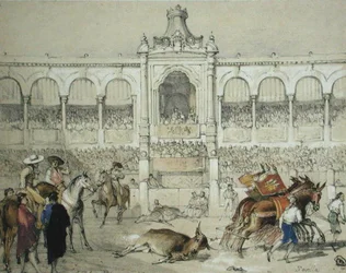 Sevillai bikaviadal: A döglött bika eltávolítása a gyűrűből, Charles Joseph Hullmandel (1789-1850) metszetéből, 1836-ban (színes litó)