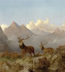 Részlet a szarvasokról és a farkasokról egy hegyvidéki tájon, 1864
