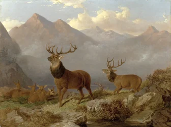 Szarvasok és szarvasok egy hegyvidéki tájon, 1864
