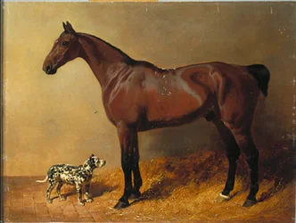 Egy öbölvadász és egy pöttyös kutya istállóban, 1846