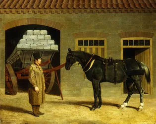 Egy szekér ló és sofőr az istállón kívül, 1827