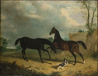 Vadászok és egy spániel erdős tájon, 1835