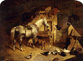 Egy istálló belseje szerszámozott, pettyes szürke lóval, kacsákkal, kecskékkel és egy jászol melletti kakassal, 1843