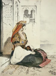Egy gibraltári zsidó nő, a „Spanyolország vázlataiból”, Charles Joseph Hullmandel (1789-1850) metszetében, 1836-ban