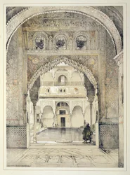 A Nagykövetek Csarnokának ajtaja, „Az Alhambra vázlatai és rajzai” című művéből, William Gauci (fl.1825-54) metszet, 1835