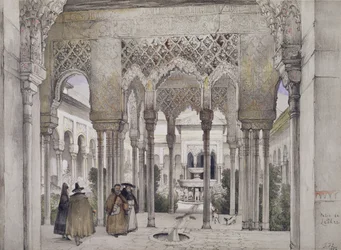 Az Oroszlánok udvara (Patio de los Leones), az „Alhambra vázlatai és rajzai” című művéből, William Gauci (fl.1825-54) metszete, 1834