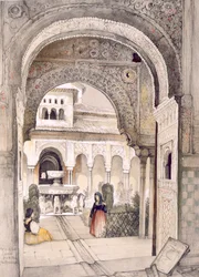 Az Oroszlánok szökőkútja, az Abencerrajes terméből, az "Alhambra vázlatai és rajzai" című művéből, William Gauci (fl.1825-54) metszete