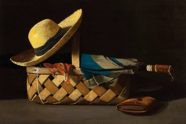 ""Market Basket, Hat and Umbrella"" (Market Basket, Hat and Umbrella) Csendélet - John Frederick Peto (1854-1907) festménye 1890 körül Magángyűjtemény