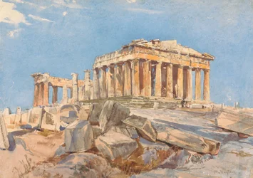 A Parthenon a Propilák keleti portikuszának északi végéből, esti fény