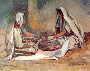 Két nő köszörül a kézi malomban, 1902.