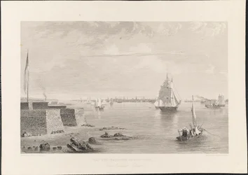 New York-i öböl és kikötő Bedlon [Bedloe] szigetéről, James Smillie metszet, 1840 körül (metszet)