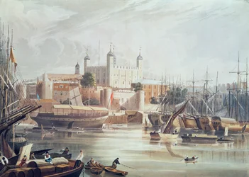 Kilátás a londoni Towerre, Daniel Havell (1785-1826) kocsmája metszete. Ackermann Művészetek Tárában, 1819