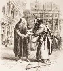 Illusztráció: A velencei kereskedő, Shylock és Tubal találkoznak az utcán, III. felvonás, I. jelenet a „The Illustrated Library Shakespeare”-ből, 1890 Londonban