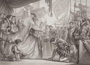 I. Erzsébet királynő (1530-1603) lovaggá ütötte Francis Drake-et (1540-96) az Angol és skót történelem illusztrációiból, I. kötetből