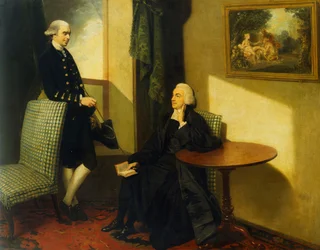 John Cocks tiszteletes és James Cocks kettős portréja, mindketten kis méretű egész alakos ábrázolásban, az előbbi papi öltözetben egy kék-fehér kárpitozott széken ül, az utóbbi kék kabátban és mellényben egy hasonló széknek támaszkodik, belső térben