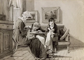 Társadalmi belső tér a Brathay Hallban, Jessy Harden, Owen Lloyd tiszteletes és H. Almack ábrázolásával, 1827 körül (tinta és mosás papíron)