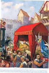 Richelieu bíboros megérkezése Lyonba, illusztráció a „Hutchinson nemzettörténete“ című műből