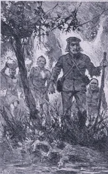 Livingstone rálőtt az oroszlánra, de az oroszlán megtámadta, és a vállába harapva eltörte a bal karját, Newnes Pictorial Knowledge, Newnes, 1950-es évek (litho)