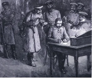 Sándor herceg aláírja lemondását 1886-ban, illusztráció Hutchinson A nemzetek története című művének 4. kötetéből, 1920-as évek körül