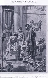 Oroetes álnoksága: nyolc kőláda, tetején aranyréteggel, megmutatva Polycrates hírnökének, 1950 körül