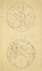 A H.4 mozgása, egy hosszúsági időmérő, amelyet John Harrison tervezett és rajzolt, 1760-72 körül (tinta papíron)