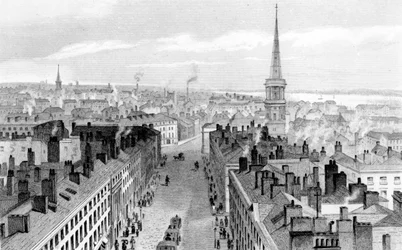 Liverpool a városházáról, délre nézve, John Rogers metszetében, 1830 körül